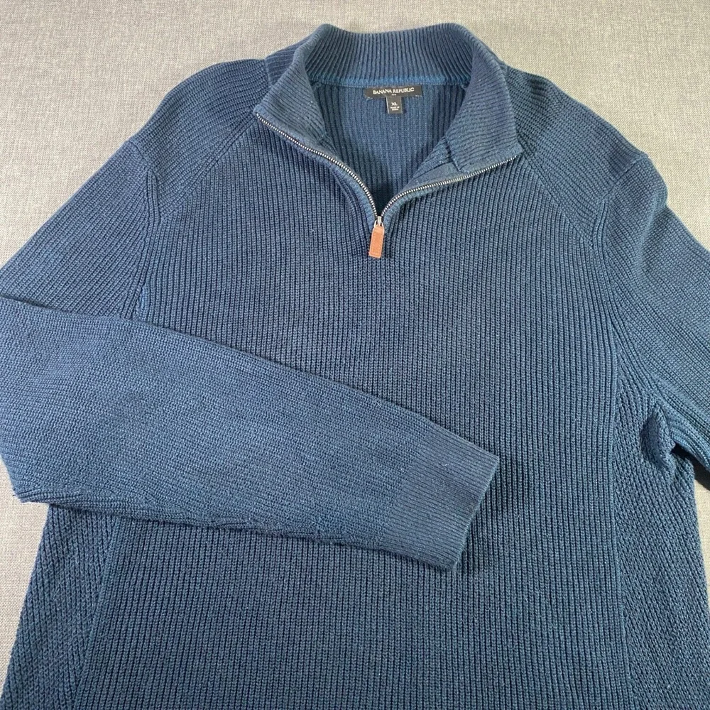Banana Republic Mens XL Blue Half Zip Mock Neck Pullover Waffle Knit‎ Sweater